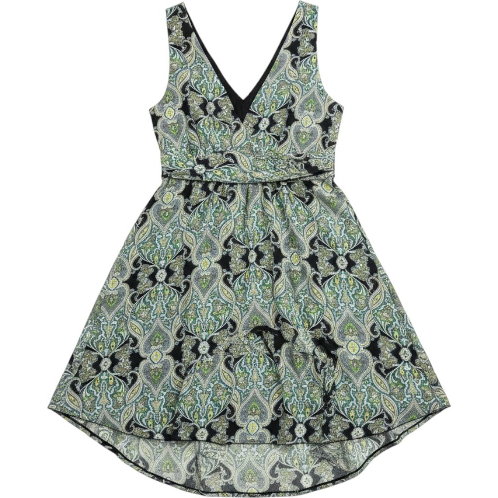 Corey P Womens Paisley V-Neck Sharkbite Hem‎ Sleeveless Dress Black Aqua Size 12